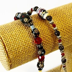 Red Black Glass Southwestern Bracelet Silver Handmade Western Rustic Earthy 2x